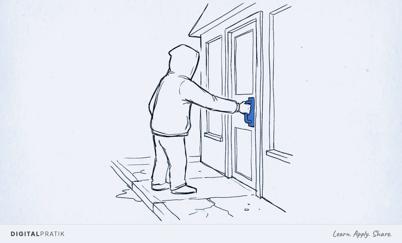 A line drawing of a hooded figure seen from behind, standing on the pavement and trying the handle of a building's front door, the door handle drawn in the accent colour.