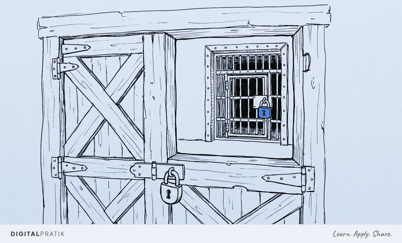 A line drawing of a heavy wooden door with a padlock, and behind it, seen through an opening, a second barred strongroom gate with its own padlock drawn in the accent colour. Two locks, one behind the other.