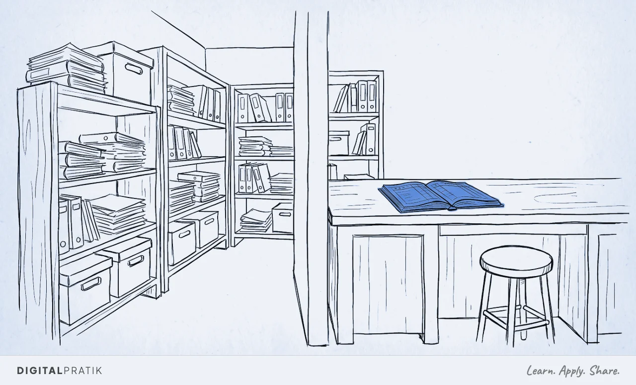 A line drawing of a clinic split into two areas. On the left, a storeroom of shelves stacked with paper files, folders and boxes. On the right, a reception desk with a single open register book on it, drawn in the accent colour.