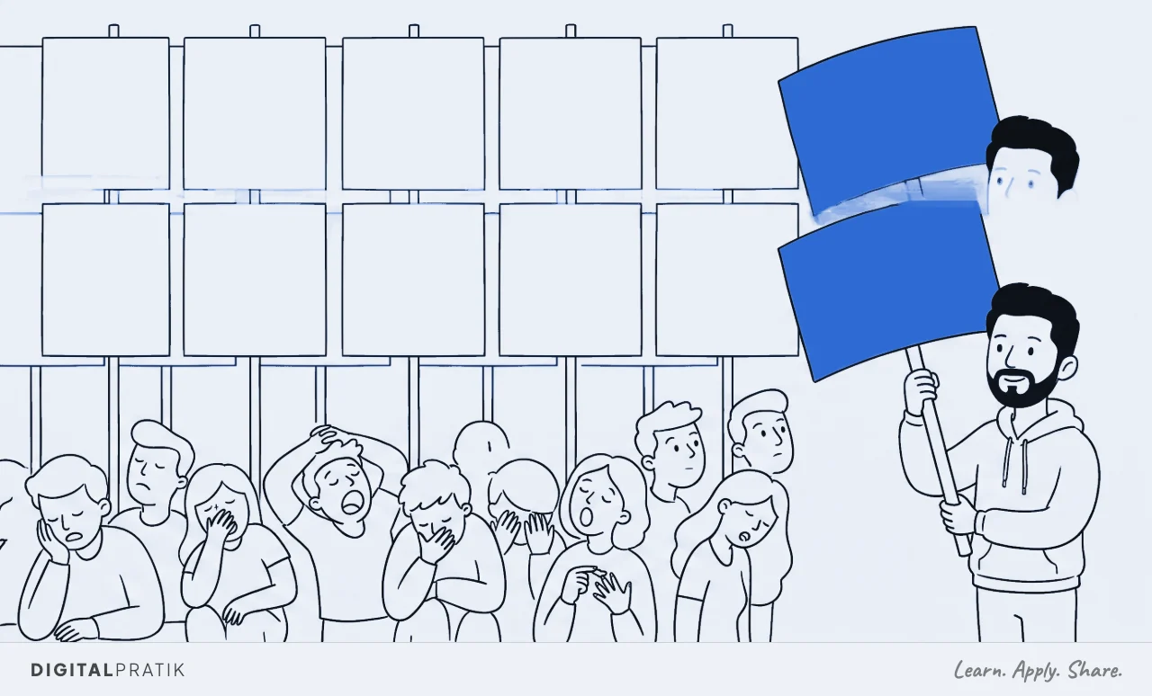 A line drawing of a long row of identical blank signboards with a crowd in front of them openly yawning and slumped. At one end a man in a hoodie holds up a board of a completely different shape, drawn in yellow, and a few heads have turned towards it.