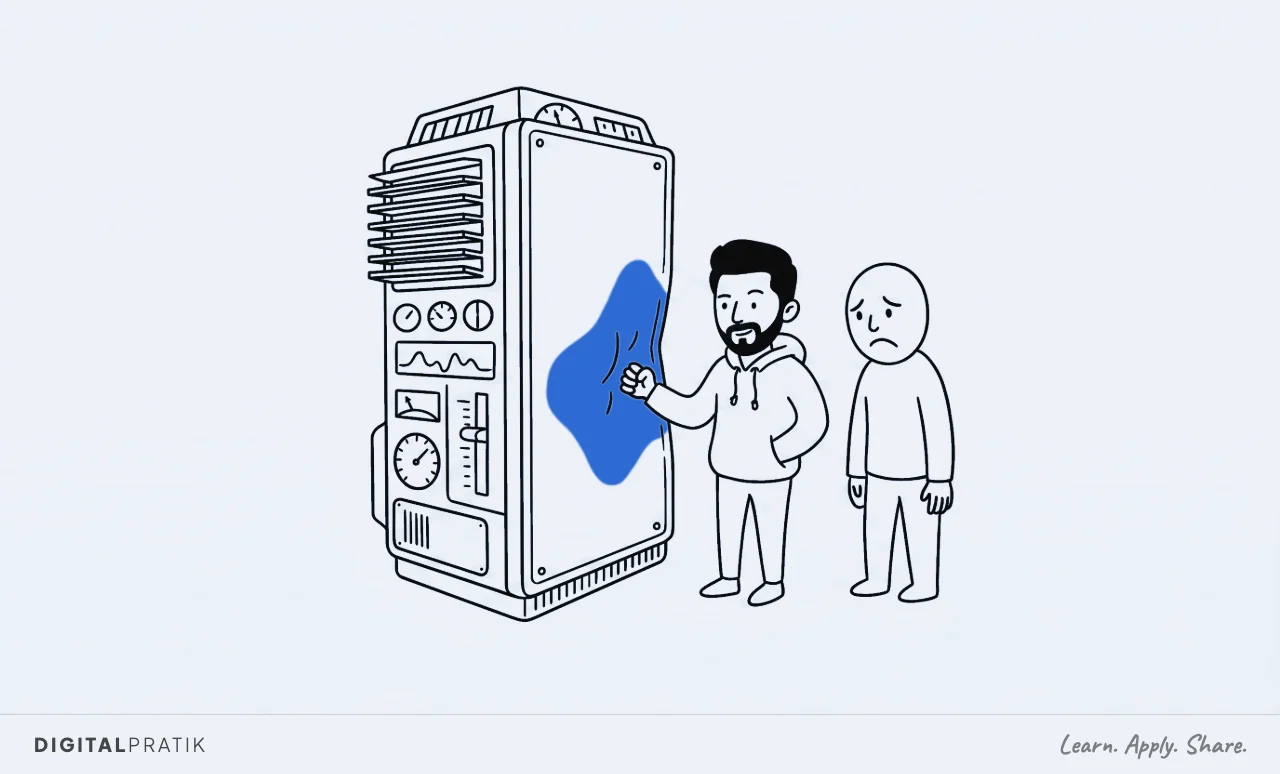 A line drawing of a tall impressive machine casing covered in fins and dials. A man in a hoodie has tapped it once with a knuckle and the whole side has crumpled inward into a big yellow dent, because there is nothing inside. An onlooker’s face falls.