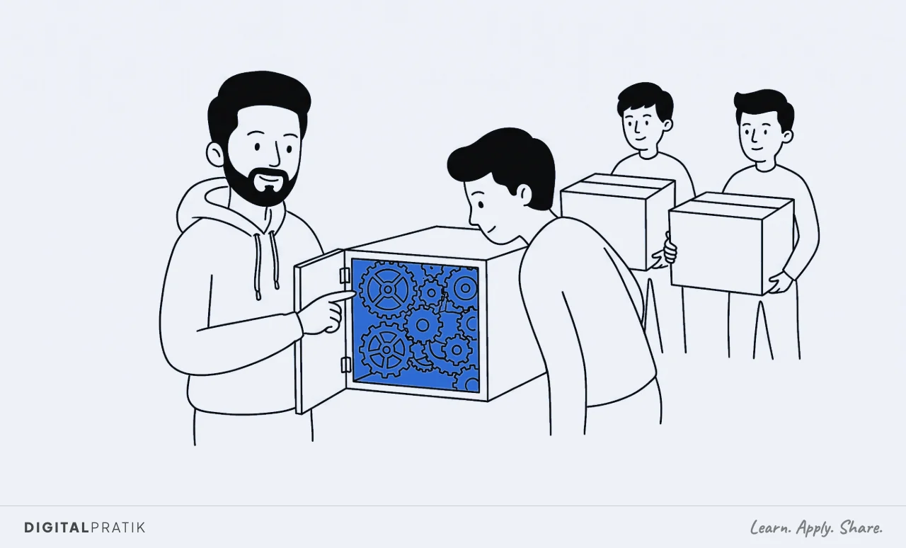 A line drawing of a man in a hoodie swinging open a hinged panel in the side of a large box to reveal yellow cogs working inside, pointing into the opening for an interested onlooker. Behind them two figures hold identical closed boxes nobody is looking at.