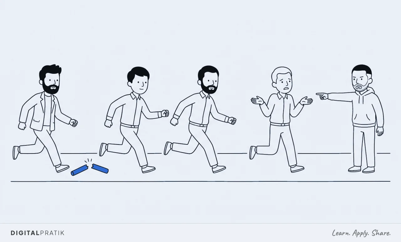 A line drawing of a relay race where a yellow baton lies snapped in two on the ground back at the first handover, while at the far end a man points an accusing finger at the last runner, who shrugs with an empty hand.