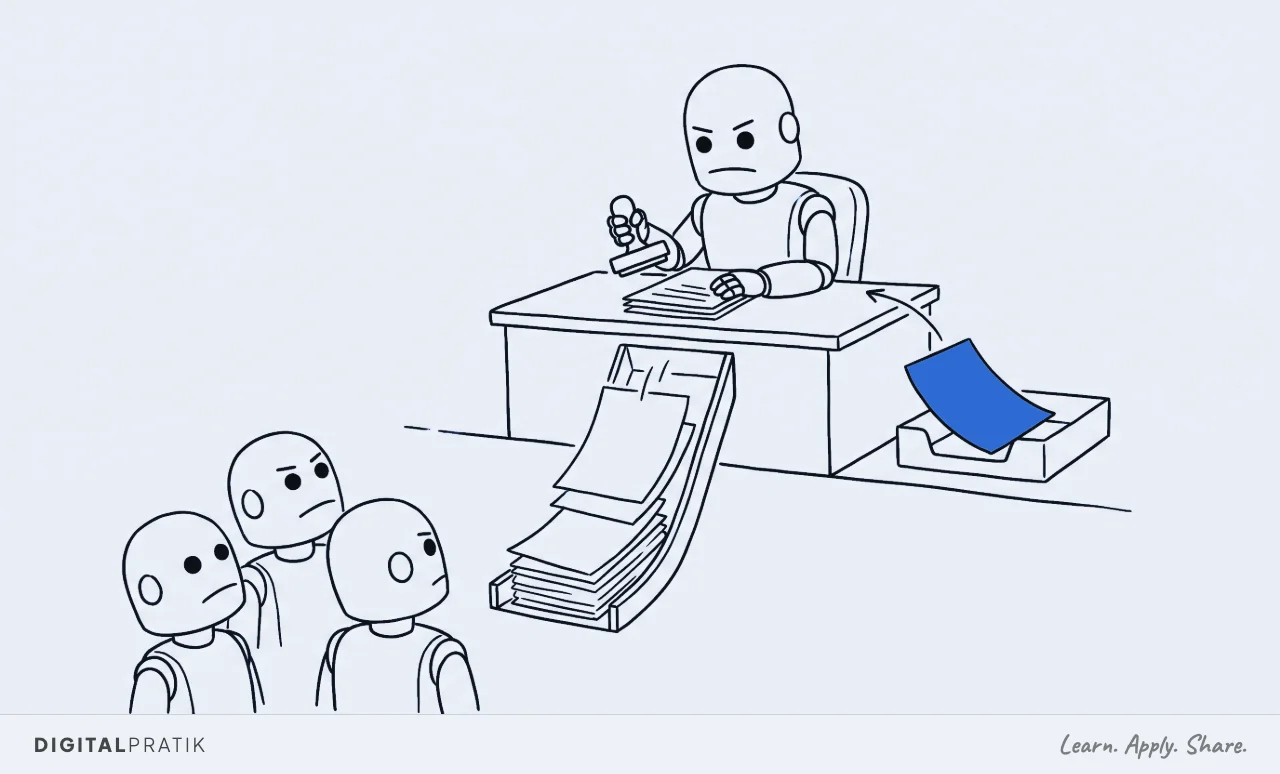 A line drawing of a stern robot sitting at a raised desk with a stamp, pushing a thick stack of pages back down a return chute towards three smaller worker robots, while one single yellow page travels up into an out tray.