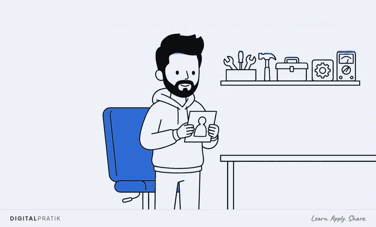 A line drawing of a man holding up a card with a blank human outline on it, standing in front of one empty blue office chair at a bare desk, with a shelf of five ignored toolboxes behind him.