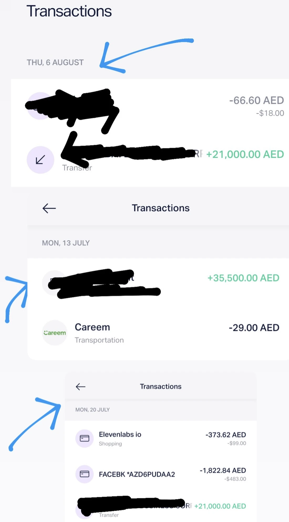 Three transaction screens from a Wio Bank business account, showing incoming client transfers on 6 August, 13 July and 20 July. Sender names are blacked out. Blue handwritten arrows point at each of the three dates.