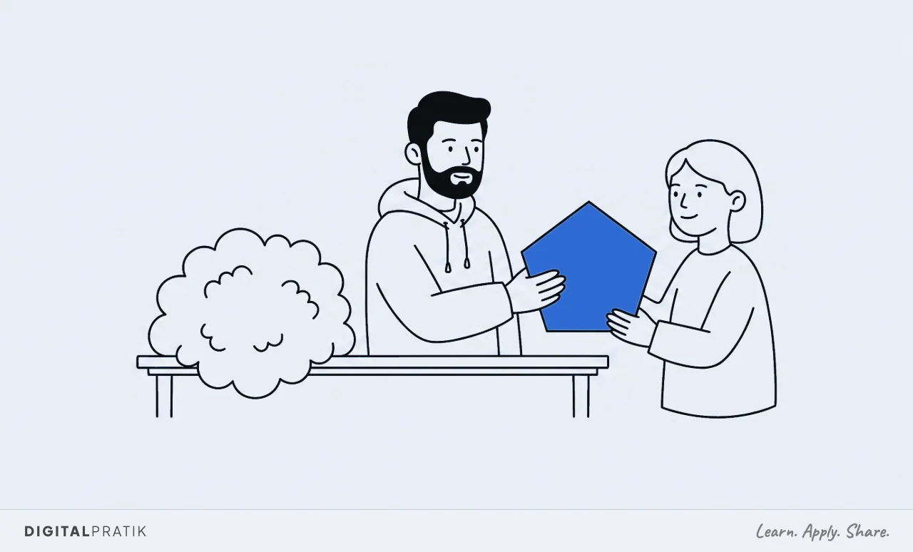 A line drawing of a vague woolly cloud-shape with soft edges beside one crisp precisely cut yellow geometric shape. A man in a hoodie is handing over the crisp one and the other person takes it immediately, understanding it at once.