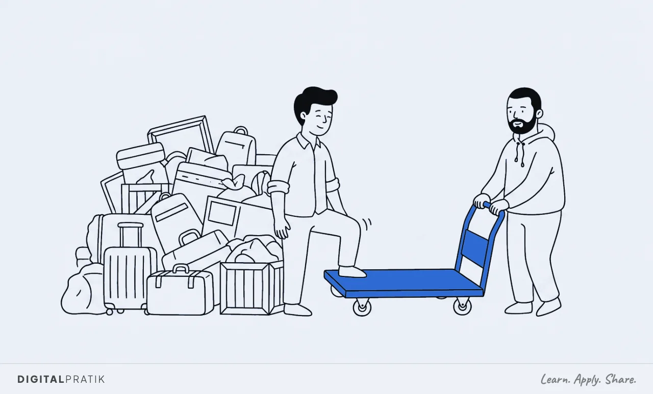 A line drawing of a person facing a big heap of luggage and crates they were about to climb over. A man in a hoodie has wheeled a low yellow flat trolley into place beside them so they can simply step on, and they are lifting one foot onto it.