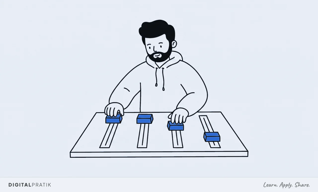 A line drawing of a man in a hoodie at a control desk with four tall vertical sliders. He has pushed the first two right to the top and pulled the other two right to the bottom, both hands on the controls, the slider caps drawn in yellow.