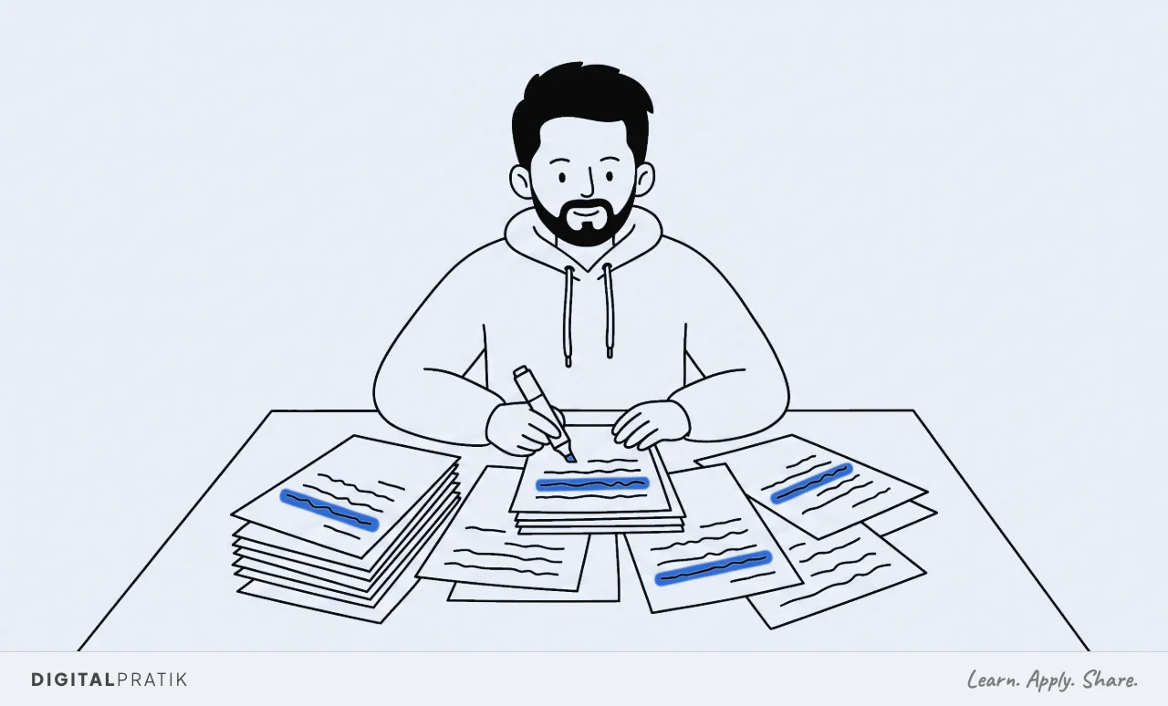 A line drawing of a man in a hoodie at a table covered in opened letters, striking one bold yellow highlight bar across a single line on several of them with a marker. He is marking what is already there, not writing anything new.