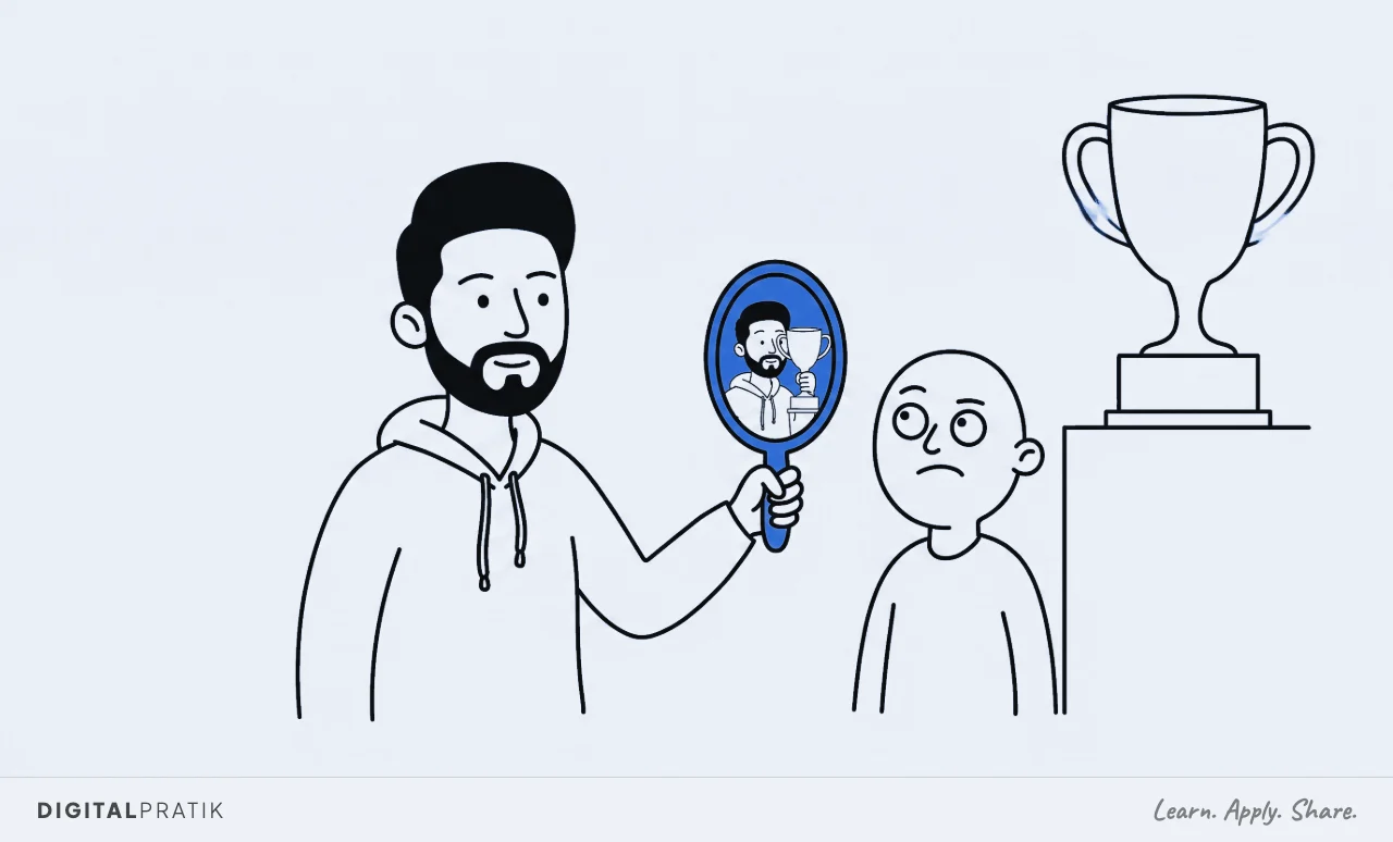 A line drawing of a person looking doubtfully up at a large trophy on a high pedestal. A man in a hoodie holds a small yellow hand mirror in front of them, and in the mirror that same person is already holding the trophy.