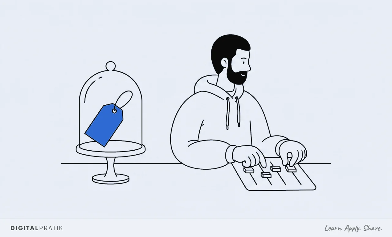 A line drawing of a price tag sealed under a glass display dome, untouched. A man in a hoodie has turned away from it towards a set of four sliders on the other side, where both his hands are working instead.