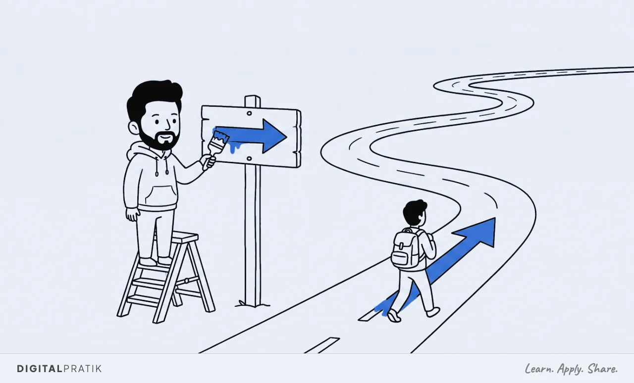 A line drawing of a man in a hoodie on a stepladder repainting a blue roadside signpost so its arrow shows a much shorter distance. Behind it, the actual road is still exactly as long and winding as ever, and somebody is setting off down it.