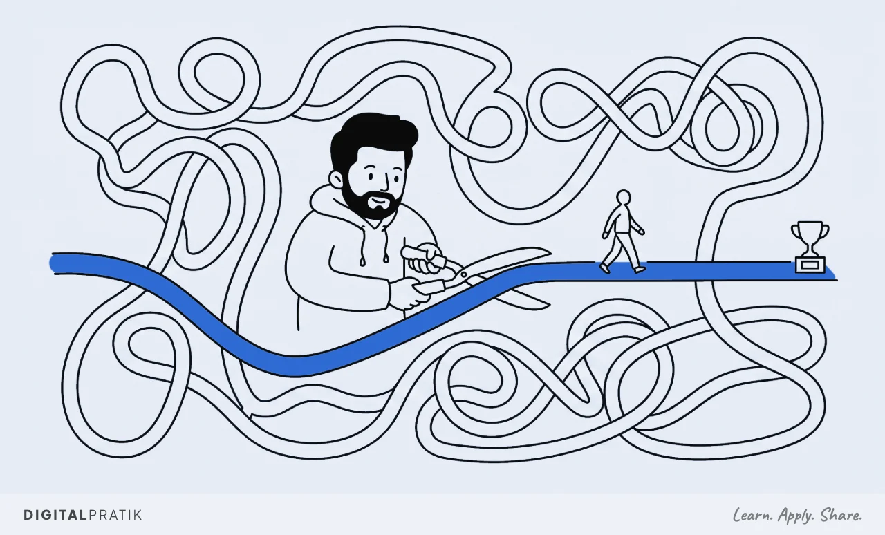 A line drawing of a long path looping and doubling back many times towards a small prize. A man in a hoodie is cutting a short straight blue path through the middle of the loops with shears, and somebody is already walking down it.
