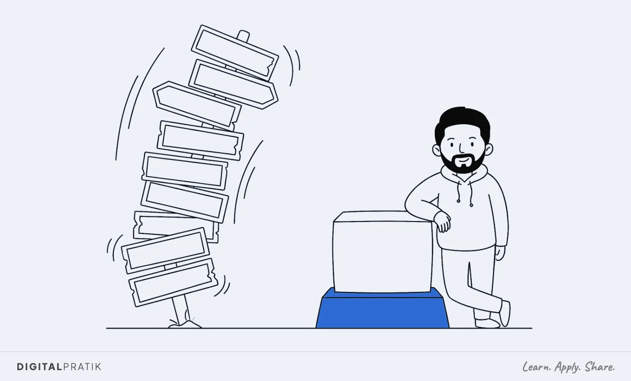 A line drawing of an absurdly tall thin tower of blank boasting signboards swaying and about to topple, beside a short squat block sitting on a broad solid yellow base. A man in a hoodie rests a confident hand on the short block.