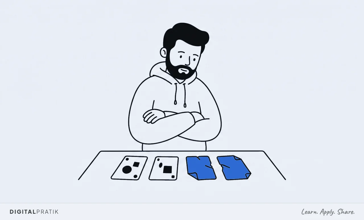 A line drawing of four cards laid out on a table. Two are clean and face up. A man in a hoodie has just turned the other two over and those two are visibly bent and dog-eared, drawn in yellow. He is looking at the damaged pair with recognition.
