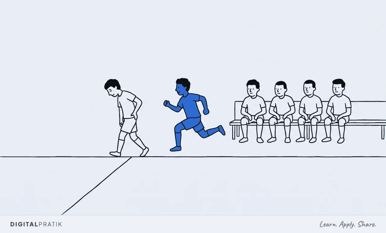 A line drawing beside a sports pitch of a substitutes bench holding five fresh players, while one exhausted player trudges off the touchline and a yellow fresh player sprints on past them.