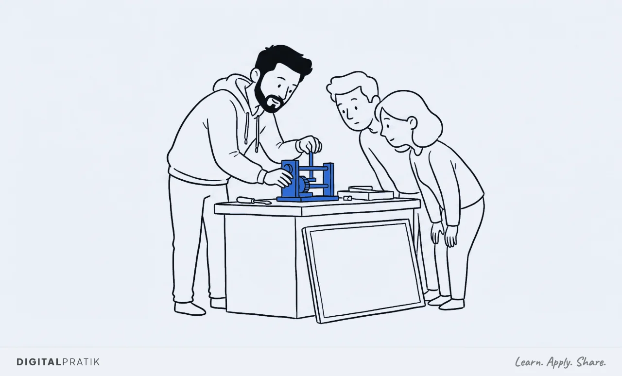 A line drawing of a man in a hoodie bent over a workbench with both hands busy demonstrating a small yellow mechanism. Two onlookers have leaned right in to watch. A large blank presentation board leans against the bench, face down and ignored.