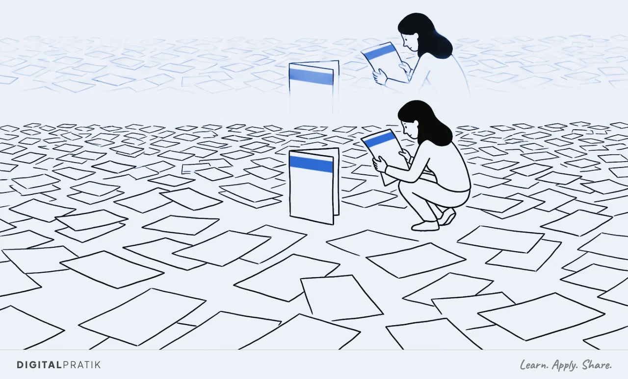 A line drawing of a vast sea of hundreds of identical blank papers lying face down across the ground. One single sheet stands upright with a thick yellow band across the top, and a passer-by has crouched to pick up that one.