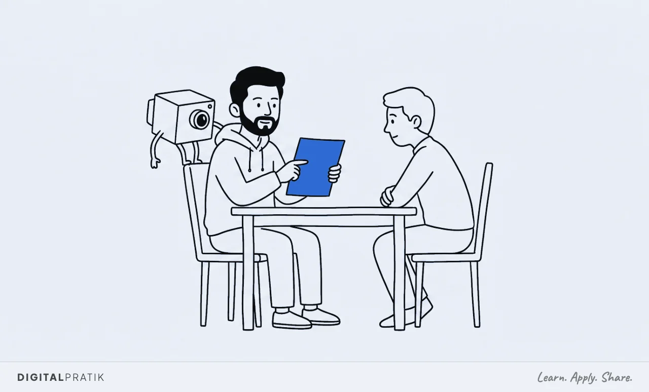 A line drawing of a man in a hoodie at a table reading a blue page aloud to one person sitting opposite, who leans in listening. Behind his shoulder a boxy machine with a lens for an eye cranes over trying to read the same page and is being ignored.