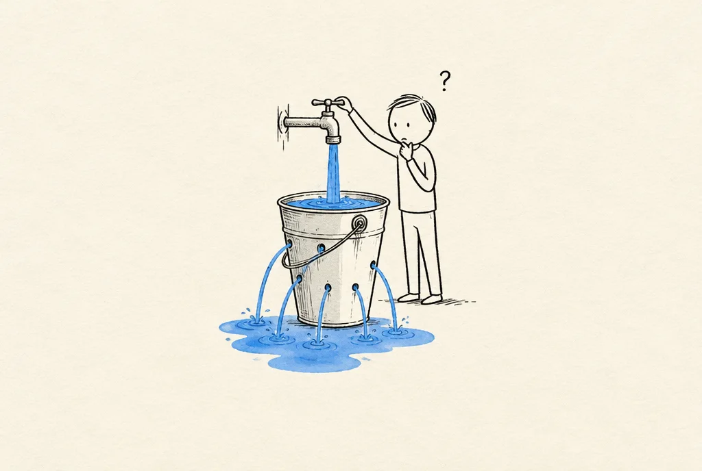 Water pours into a bucket and leaks out of holes in its side