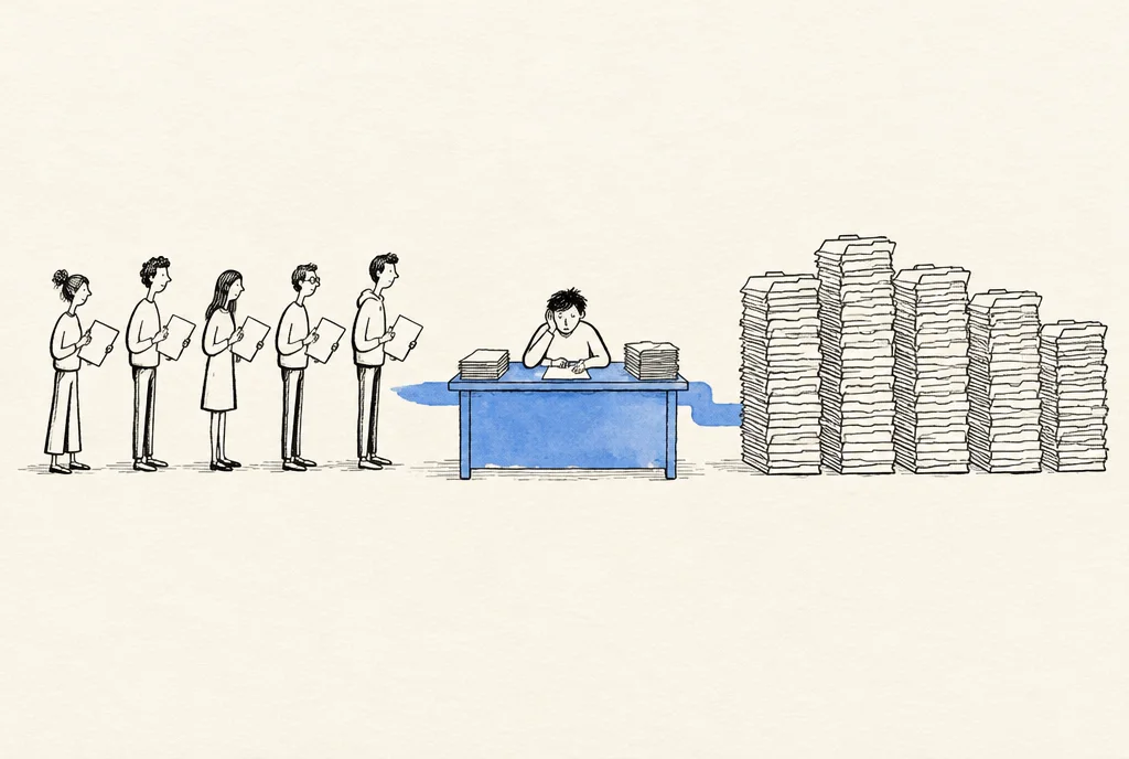 A line of people waits at one desk, with tall piles of files beside it