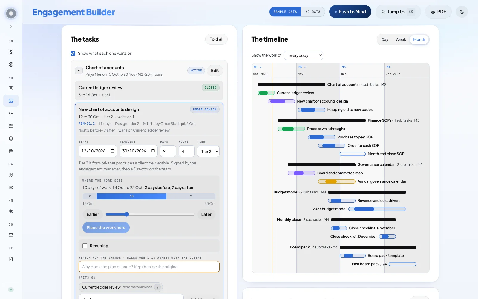 The engagement builder of a command center for an advisory firm: the tasks and a colour coded timeline across 4 milestones, on sample data