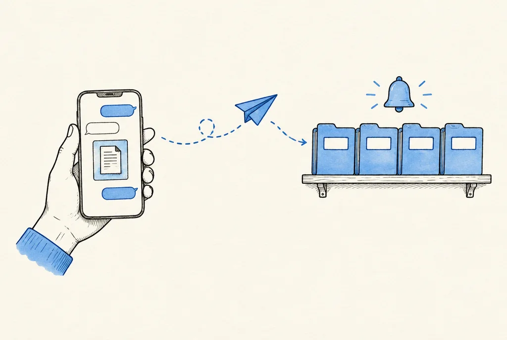 A phone sends a photo of a document, and it lands in a row of folders with a reminder bell
