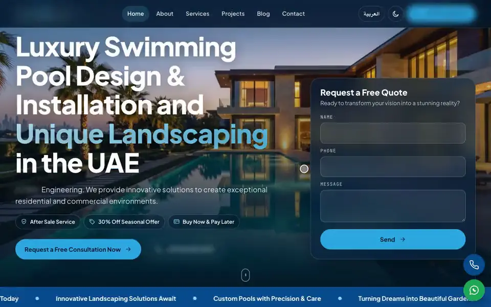 A still from the luxury pools and landscaping website, names blurred