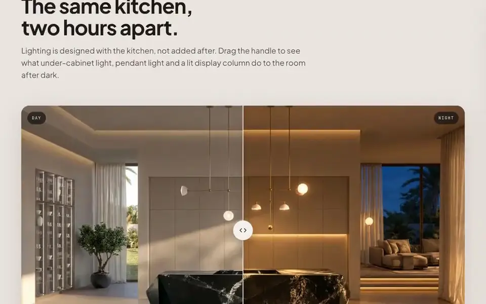 A slider that shows the same kitchen by day and by night