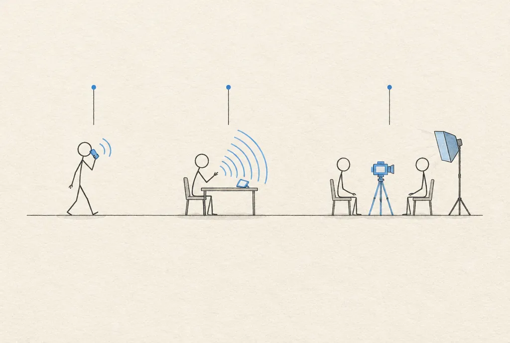 Three ways to record: a short voice note on a walk, a long voice note at a desk, and a long video with two chairs and a camera