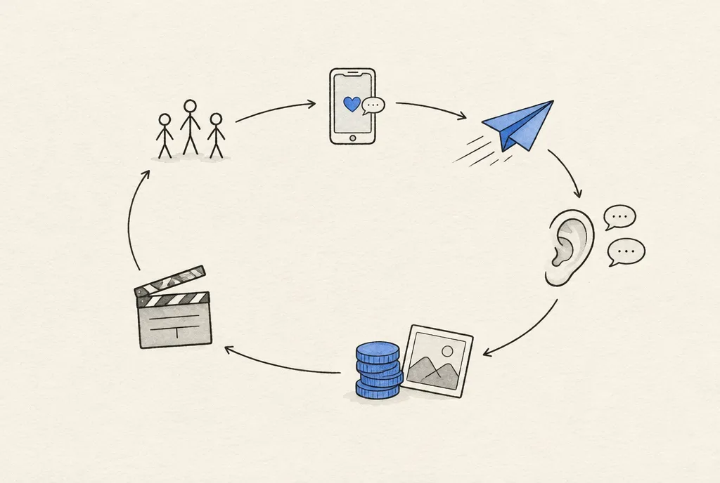 Six small drawings in a circle joined by arrows: a group of people, a phone, a paper plane, an ear, coins beside a picture, and a film clapper