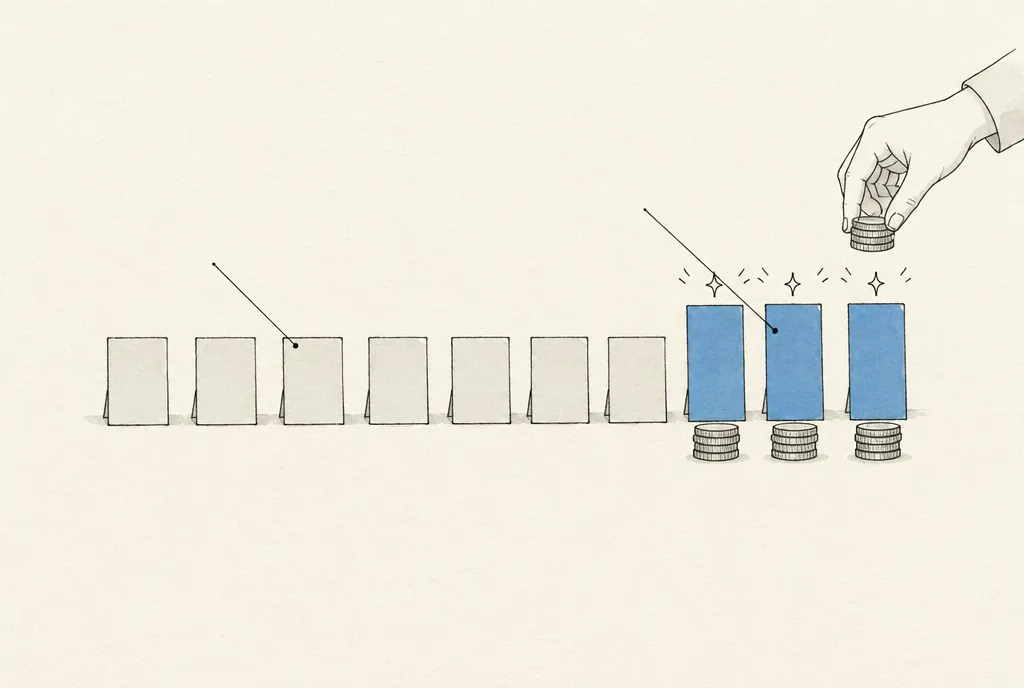 A row of ten cards. Three are blue and stand taller, and a hand puts coins under only those three