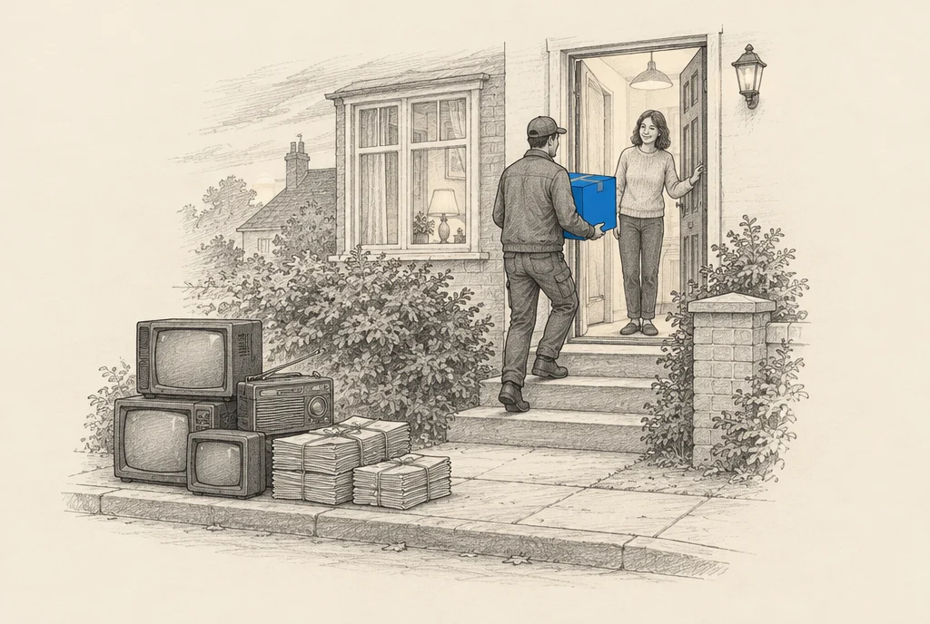 Hand drawn sketch: Old televisions, a radio and bundles of newspapers stacked at the kerb outside a house while a delivery man carries a fresh box through the front door