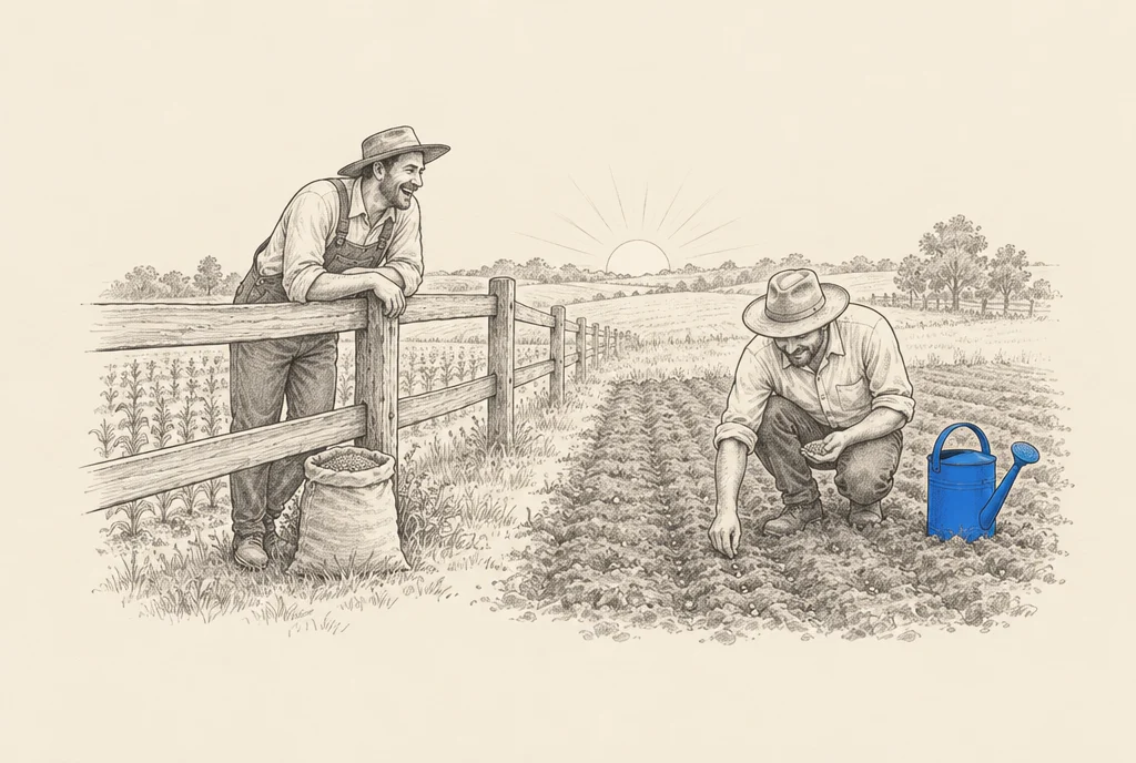 Hand drawn sketch: A farmer leaning on his fence laughing at a neighbour who is out planting seeds early in the morning, a watering can standing in the fresh soil