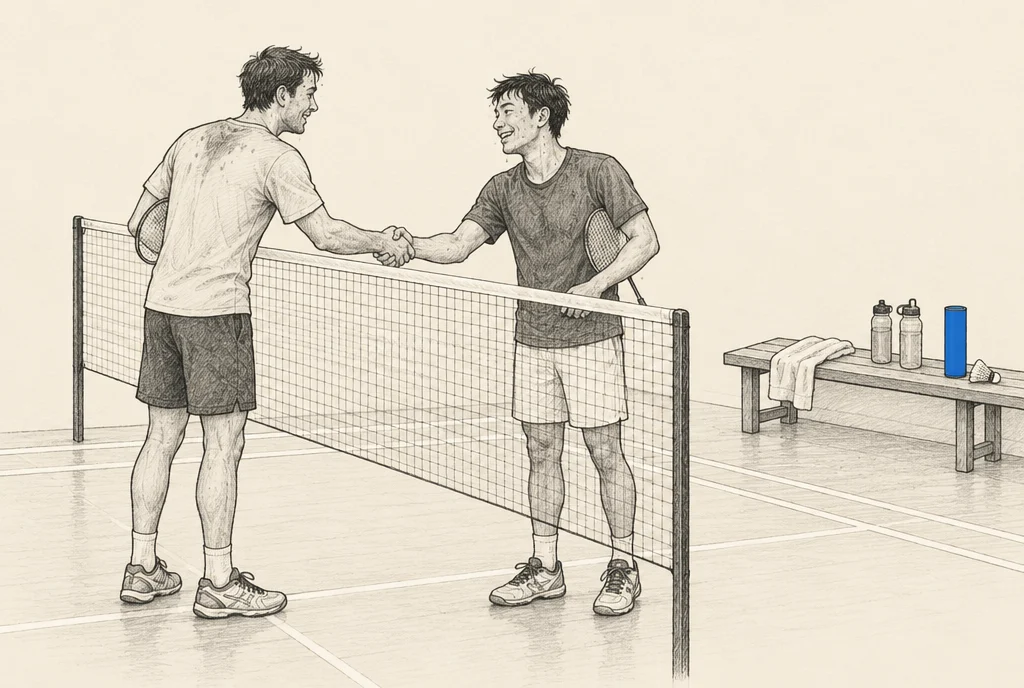 Hand drawn sketch: 2 men shaking hands at the net after a badminton game, rackets under their arms, a tube of shuttles on the bench beside the court