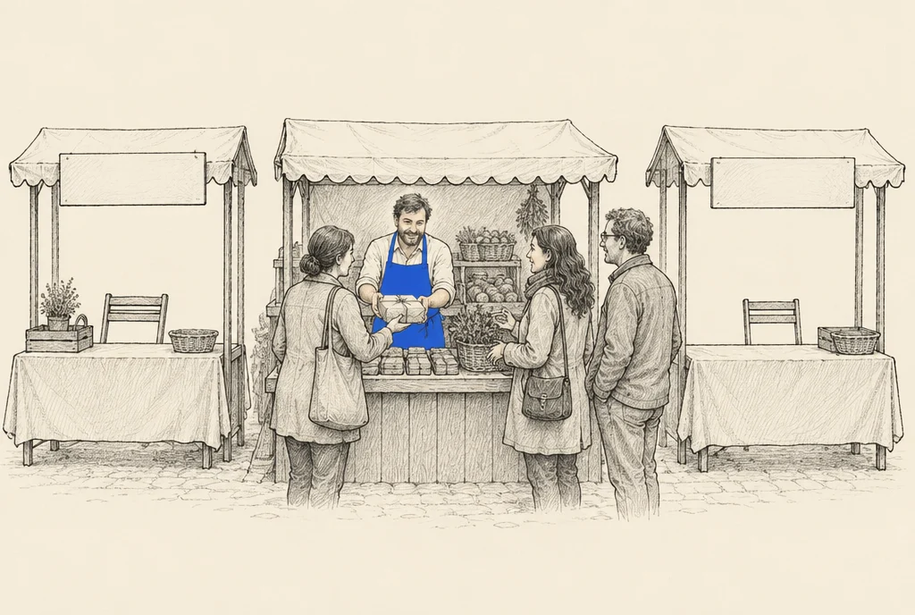 Hand drawn sketch: A busy market where one stall owner in an apron hands a parcel to a customer himself while the stalls on either side have only a signboard and an empty chair