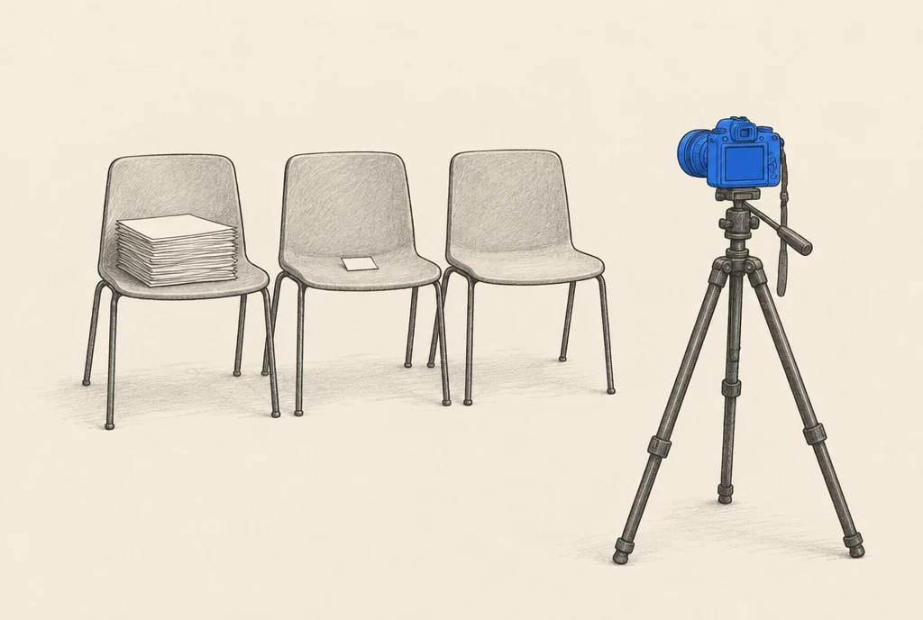 Hand drawn sketch: 3 chairs in a row facing a camera on a tripod, a thick stack of papers on the first chair, a single small card on the second, nothing on the third