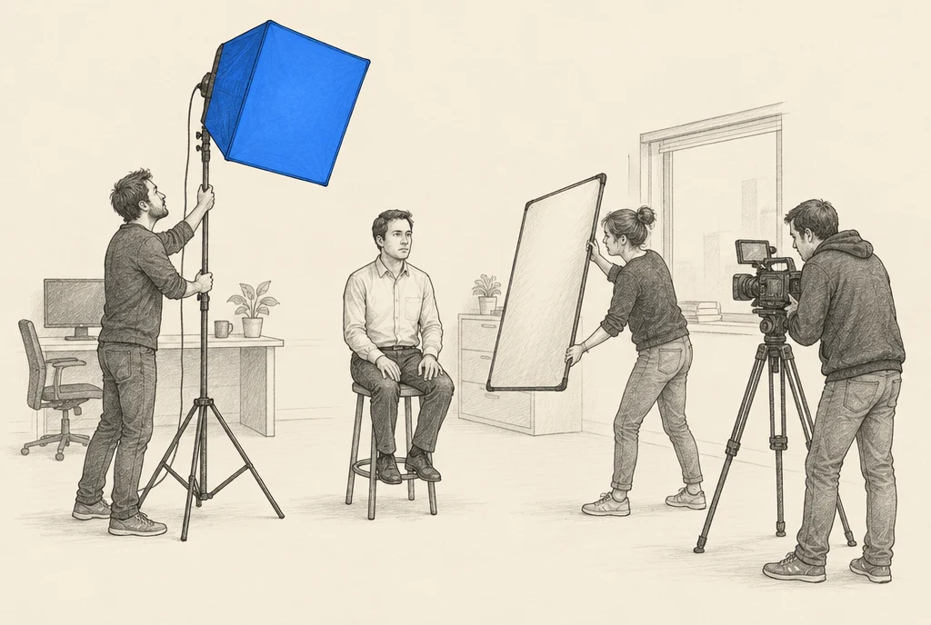 Hand drawn sketch: A small crew fussing with a big light and a reflector around a man sitting stiffly on a stool, waiting to speak