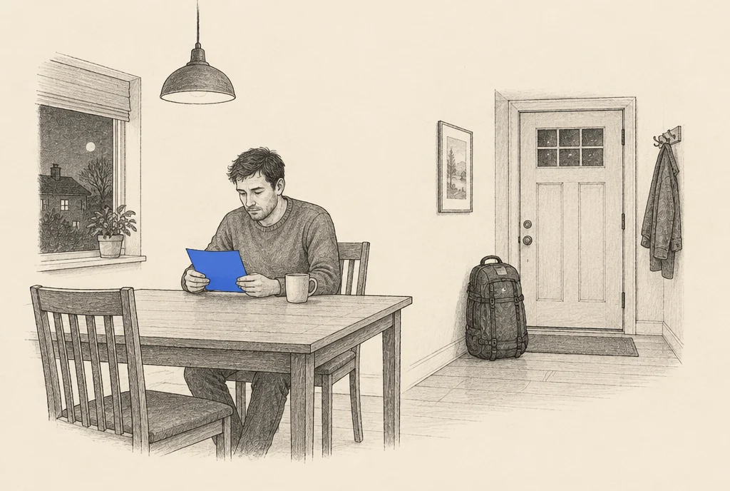 Hand drawn sketch: A man at his dining table in the evening reading a single sheet of paper, with his bag packed by the door for the next day