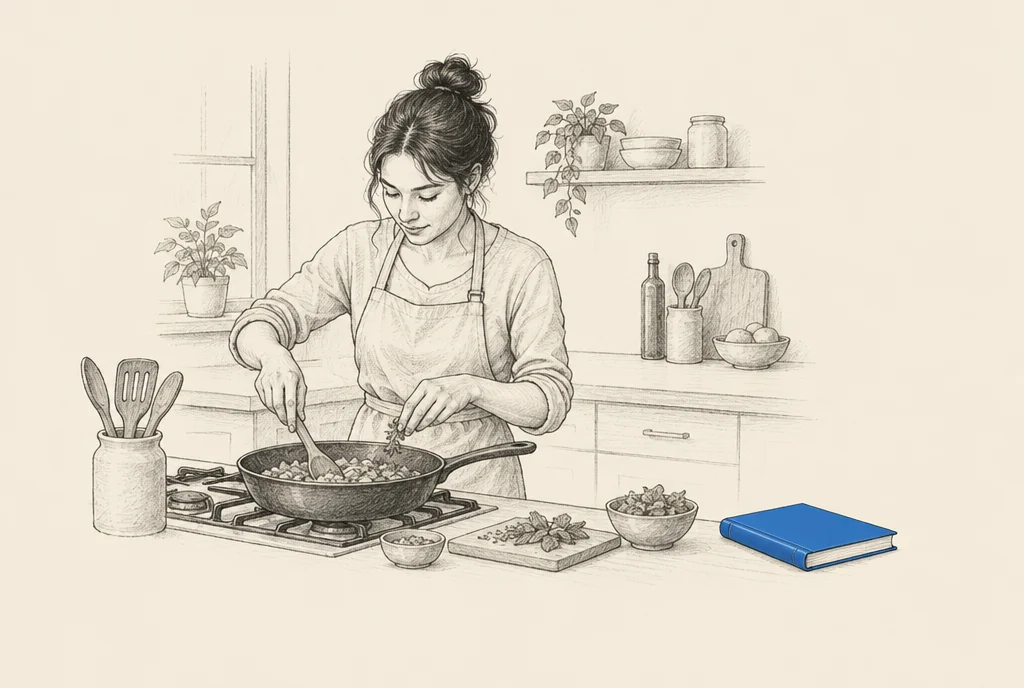 Hand drawn sketch: A cook in a home kitchen making a dish from memory with both hands busy, a recipe book lying shut on the counter beside her