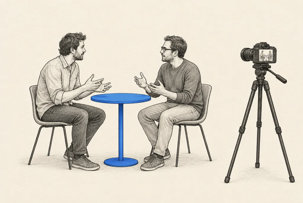 Hand drawn sketch: 2 men sitting at a small round table turned towards each other talking with their hands, while a camera on a tripod records them from the side and neither looks at it