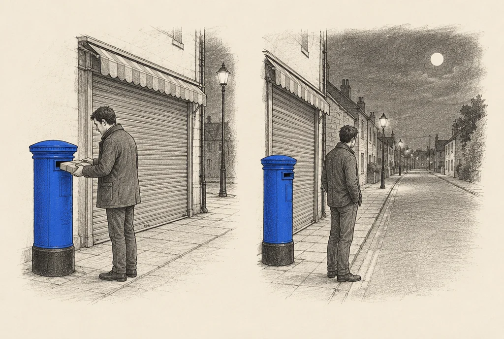 Hand drawn sketch: A man dropping a thick parcel into a post box at night, then standing with empty hands on an empty road