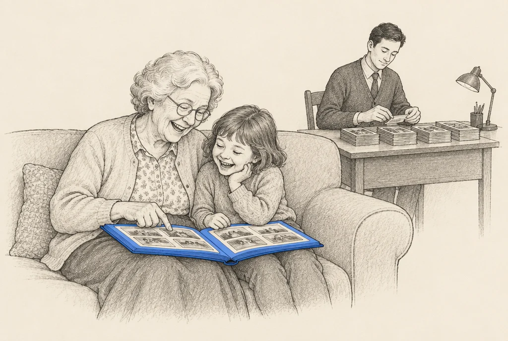 Hand drawn sketch: A grandmother and a small child laughing over an open photo album while a stranger at a desk behind them sorts the same photos into neat piles