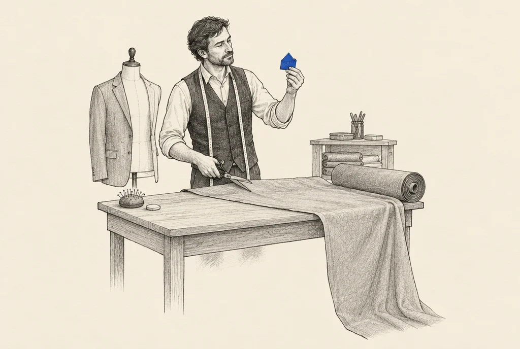 Hand drawn sketch: A tailor cutting a long roll of cloth down to one small folded pocket square and holding it up