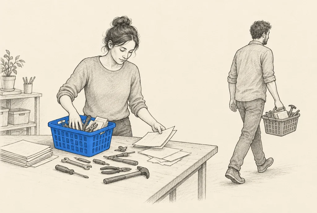 Hand drawn sketch: A woman at a work table sorting tools and papers into 2 baskets, one she keeps and one a colleague carries away