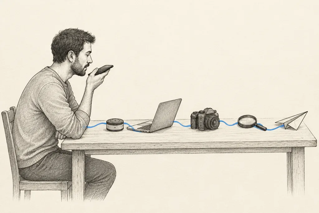 Hand drawn sketch: A man speaking into his phone while 5 small tools sit on a table, joined by 1 blue thread