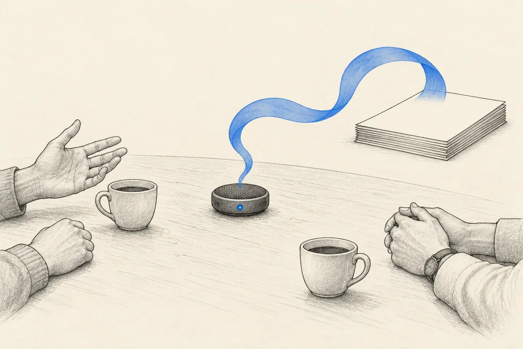 Hand drawn sketch: A small recorder on a meeting table, with a blue line running from it into a stack of paper pages