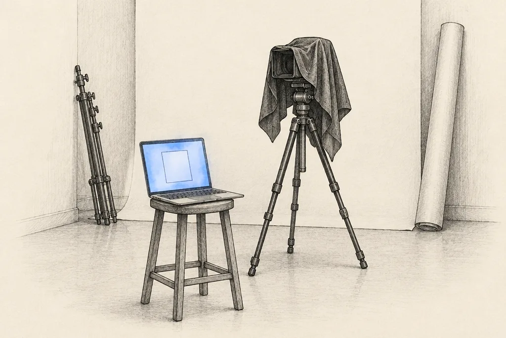 Hand drawn sketch: An empty photo studio with a camera on a stand covered by a cloth, and a laptop on a stool with a blue glow
