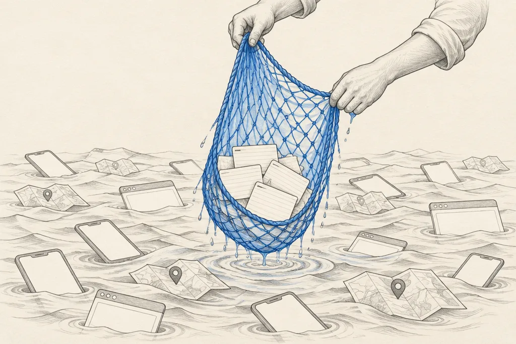 Hand drawn sketch: A fishing net pulling small cards out of a sea made of phone screens, map pins and web pages